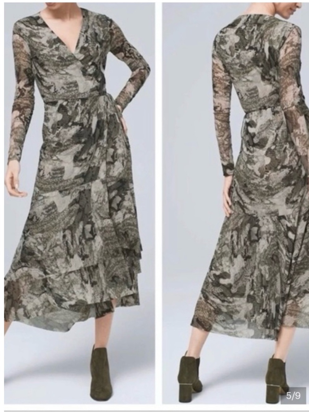 White House Black Market Olive Print Wrap Tiered Midi Dress